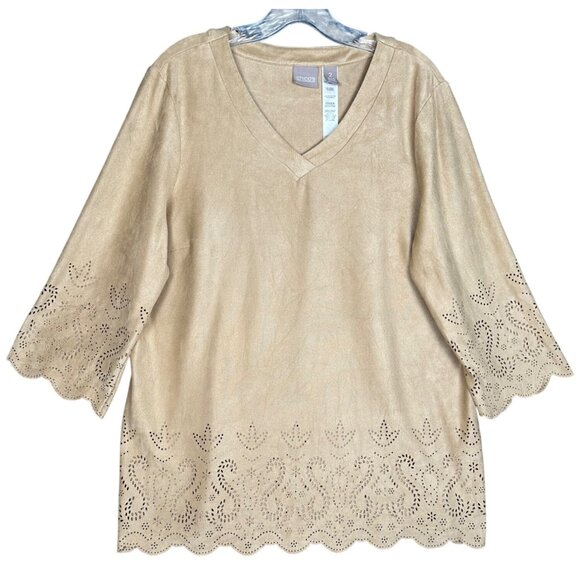 Chicos Faux Suede Tunic Top Size 2/L/12 Tan 3/4 Sleeve Western Cowgirl Country - Picture 1 of 12